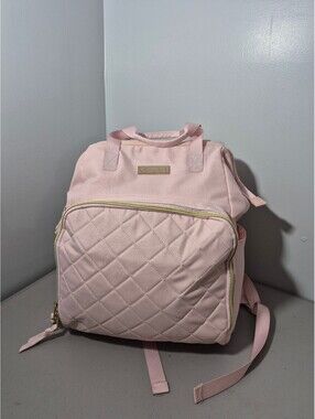 Baby Essentials Pink Diaper Bag Backpack Insulated Bottle Pockets Gold Tone